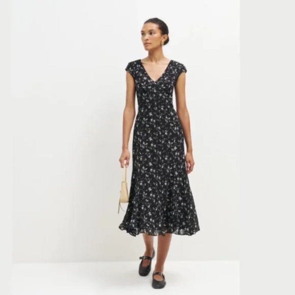Reformation Baden midi dress black floral v neck keyhole back size 10